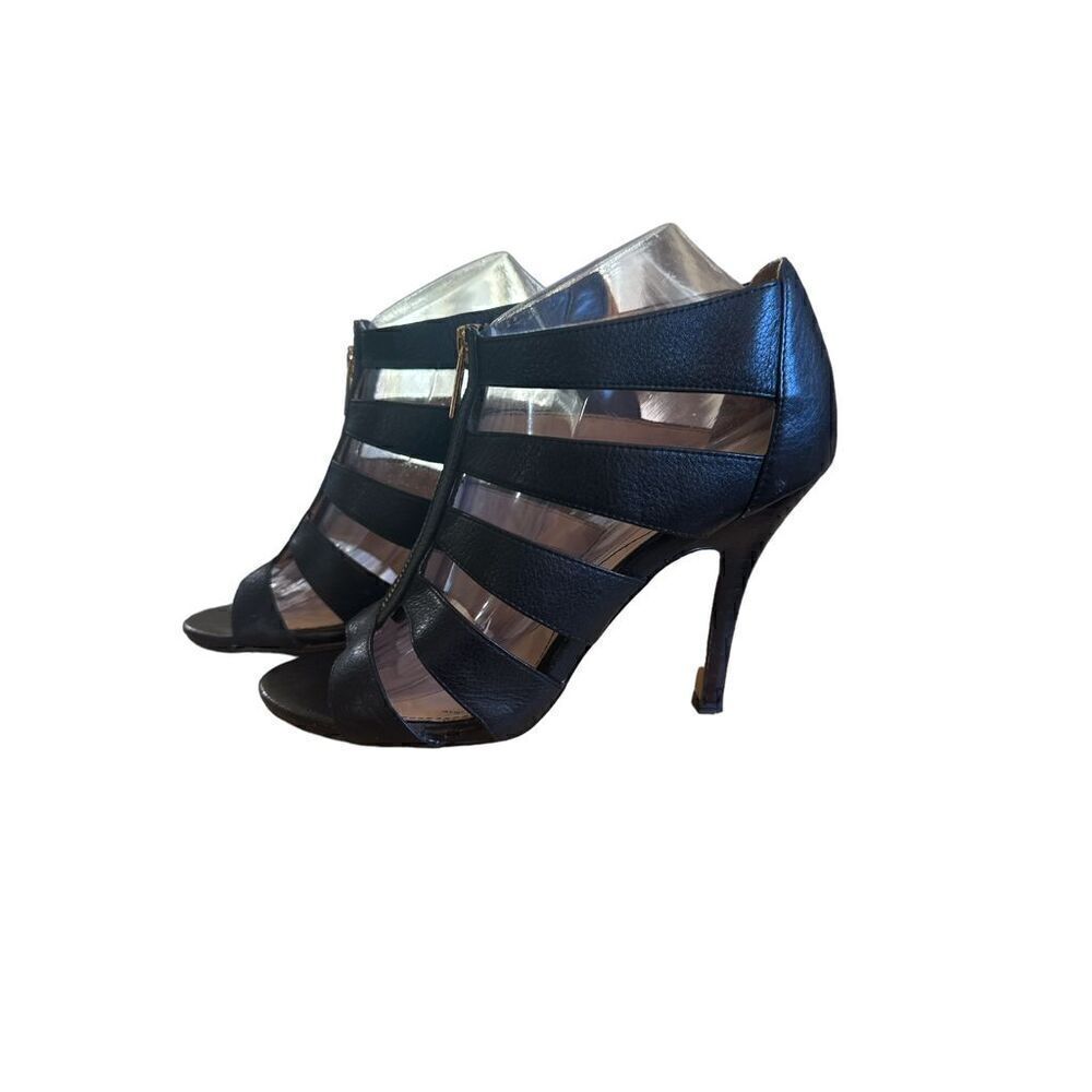 Isola Black Leather Strappy Stiletto Sandals Open Toe Zip Women's Heels